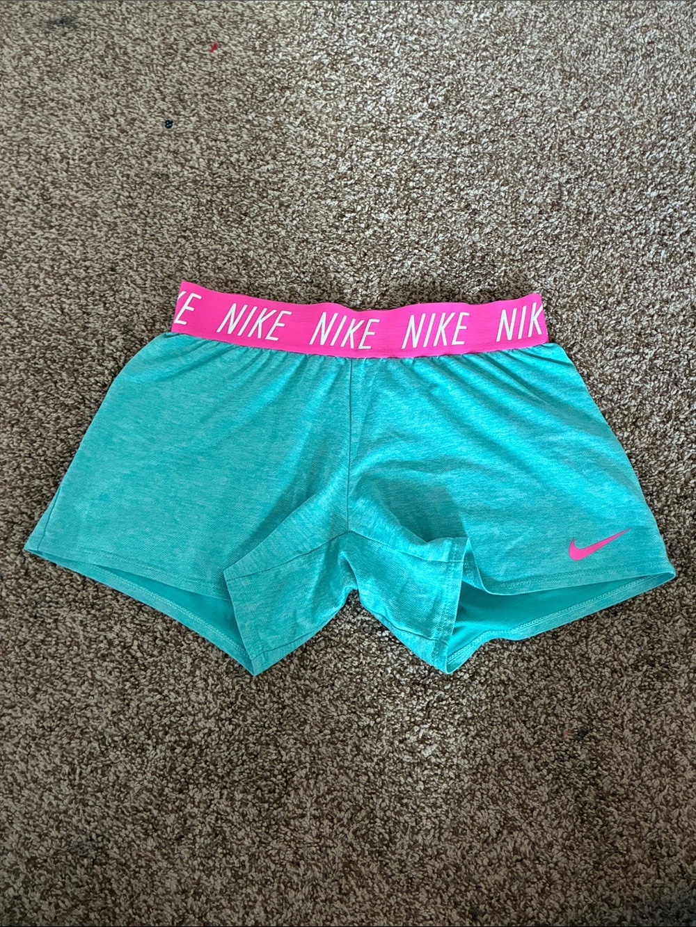 Nike Women’s Teal Athletic Shorts with Pink Logo Waistband